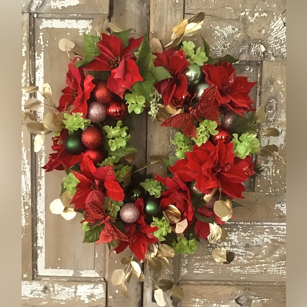 Handcrafted Designer Wreath Christmas 24” Poinsettia Red Green Butterflies